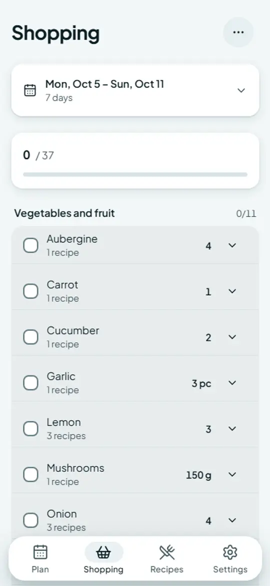 قائمة التسوق في Todo Eat على الهاتف