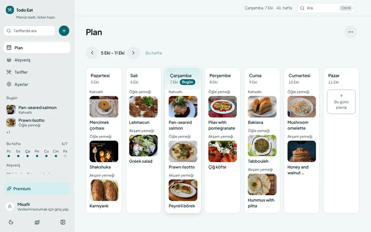Todo Eat masaüstünde: haftalık plan ve alışveriş listesi yan yana